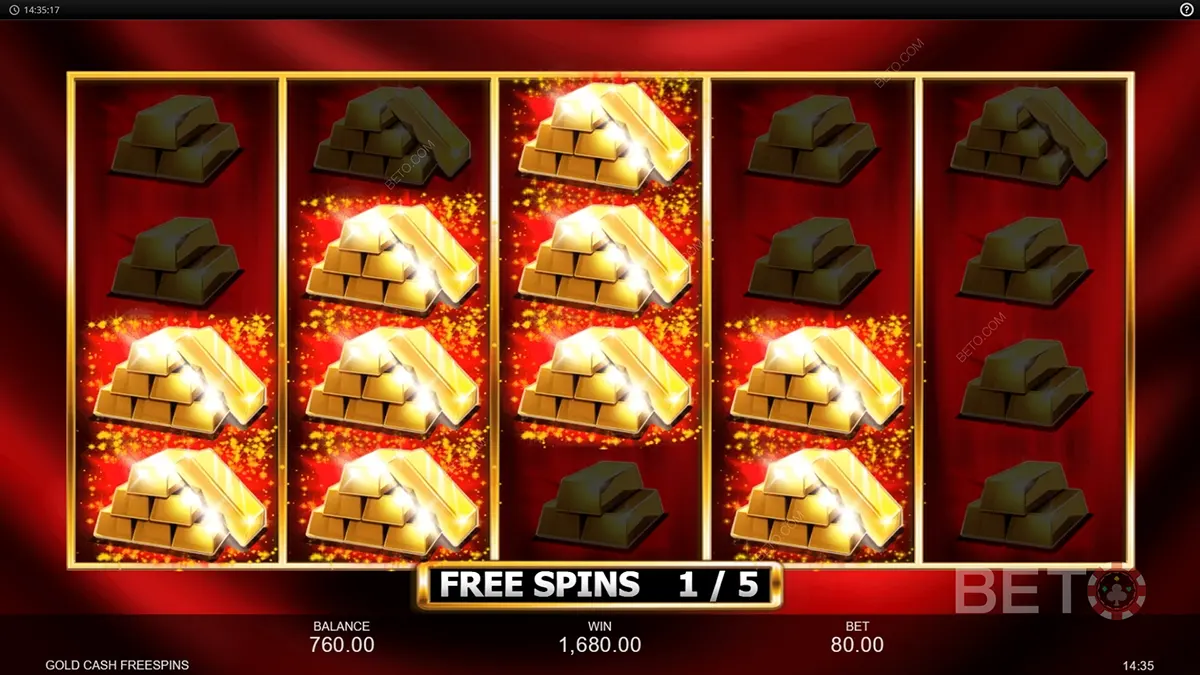 Gold Cash Free Spins Megaways bonus screen showing five reels packed with sparkling gold bar symbols, with the “Free Spins 1/5” counter and balance, win, and bet amounts displayed along the bottom.