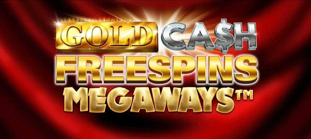 Gold Cash Free Spins Megaways title screen featuring shiny gold-and-silver 3D lettering on a deep red, spotlight-style background.